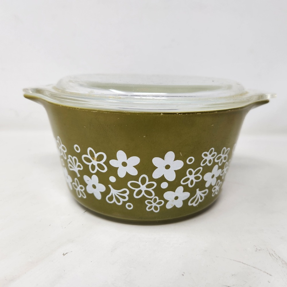 Vintage Pyrex 473-B Spring Blossom Green Crazy Daisy 1 Qt Casserole Dish Lid